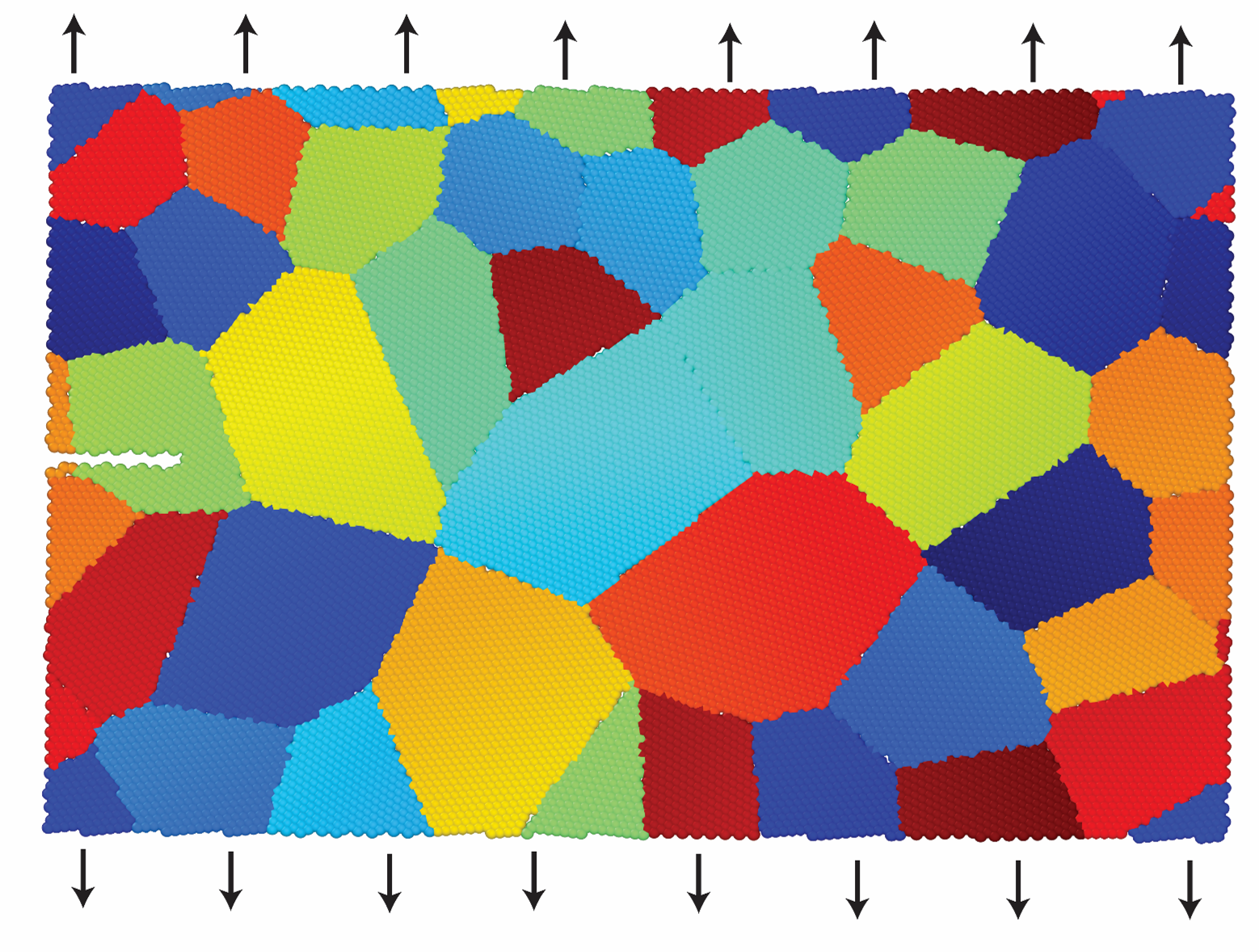 Original atomistic rendering of a polycrystalline hBN sheet: randomly oriented Voronoi grains, a centered slit from the left edge, and opposing tensile-loading arrows.